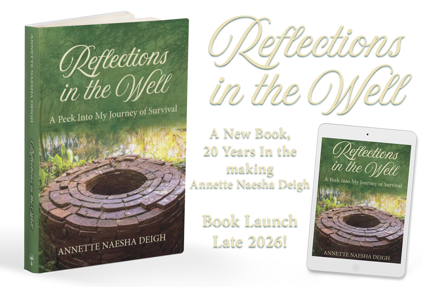 Reflections In the Well - Header Image Book Title "Reflections in the Well" in graphic brush-styled script + mockup of the print and digital e-book version. Book by Annette Naesha Deigh. Book Launch Late 2026!